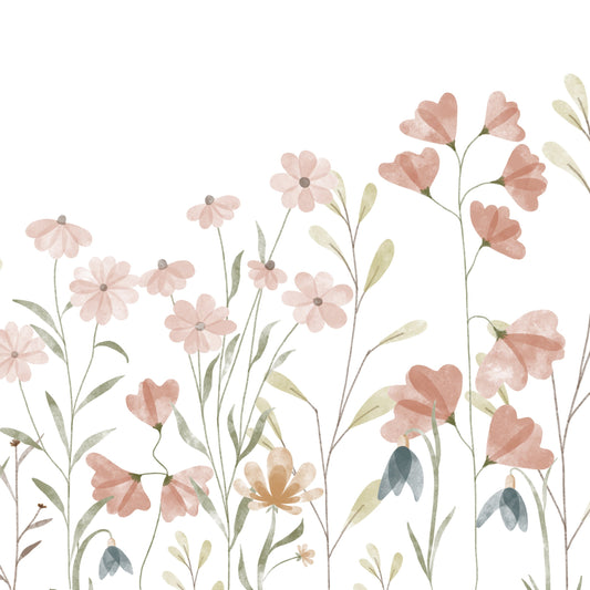 Wallpaper Kids Nursery Dubai A wall paper featuring a pattern of sprouting flowers in shades of pink and green on a white background.