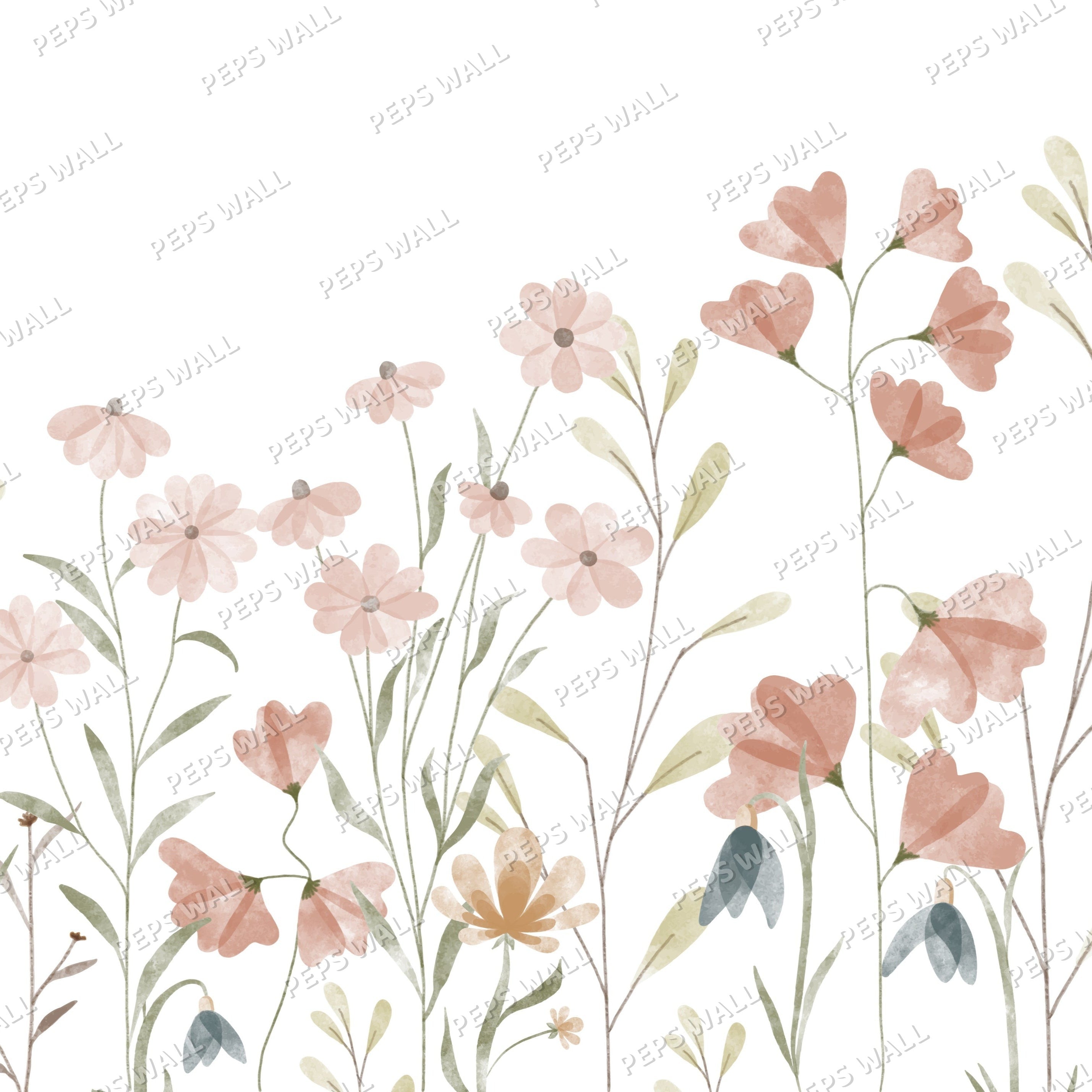 Wallpaper Kids Nursery Dubai A wall paper featuring a pattern of sprouting flowers in shades of pink and green on a white background.