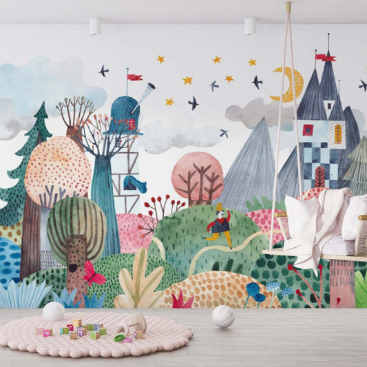 Wallpaper Kids Nursery Dubai A colorful wall mural featuring a whimsical landscape with trees, animals, and fantasy elements such as a castle and a hot air balloon.