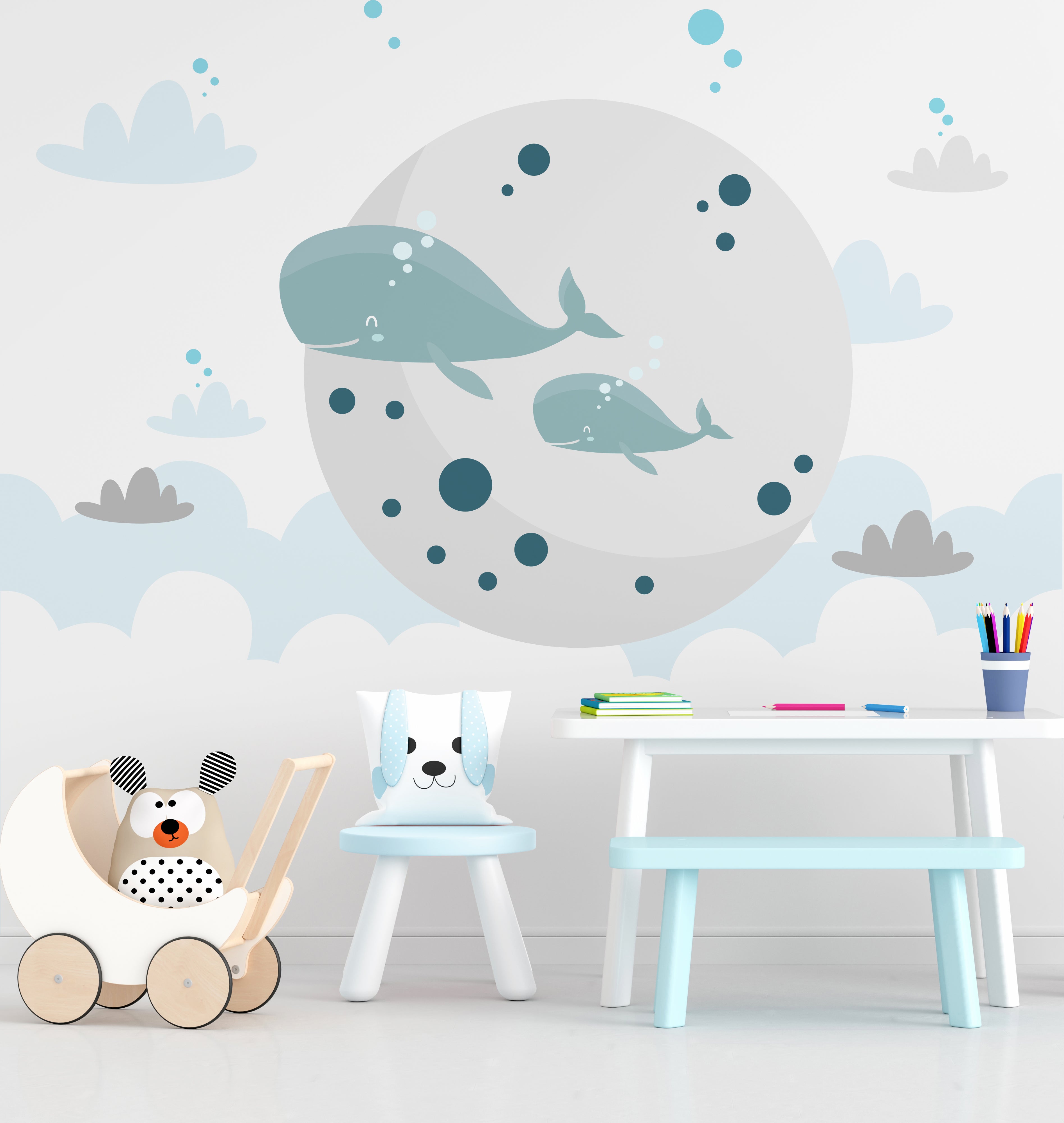 Wallpaper Kids Nursery Dubai Children's room with whale wall decal, toys, and furniture.