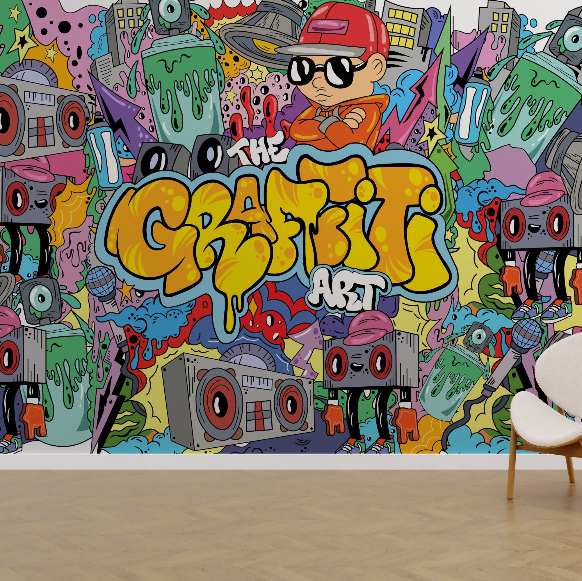 Wallpaper Kids Nursery Dubai Colorful graffiti-style wall mural with cartoon characters and 'Graffiti Art' text.