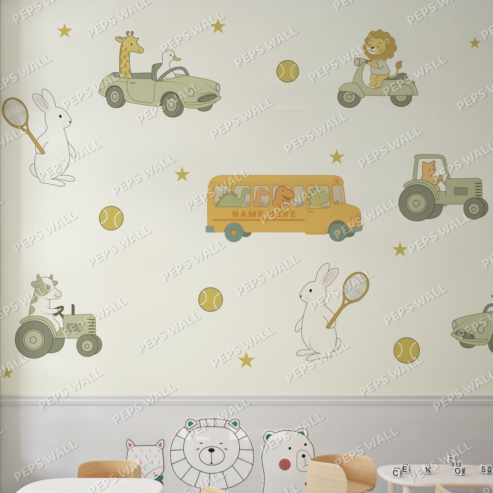 Wallpaper Kids Nursery Dubai Children's wall with cartoon animal and vehicle decals on a light gray background