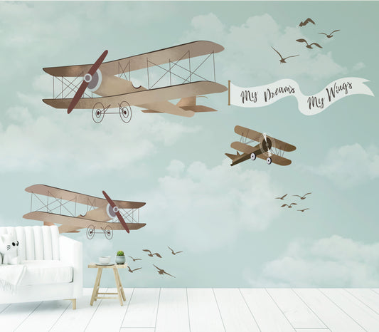 Wallpaper Kids Nursery Dubai Wall mural with vintage airplane designs and a banner on a light blue background.