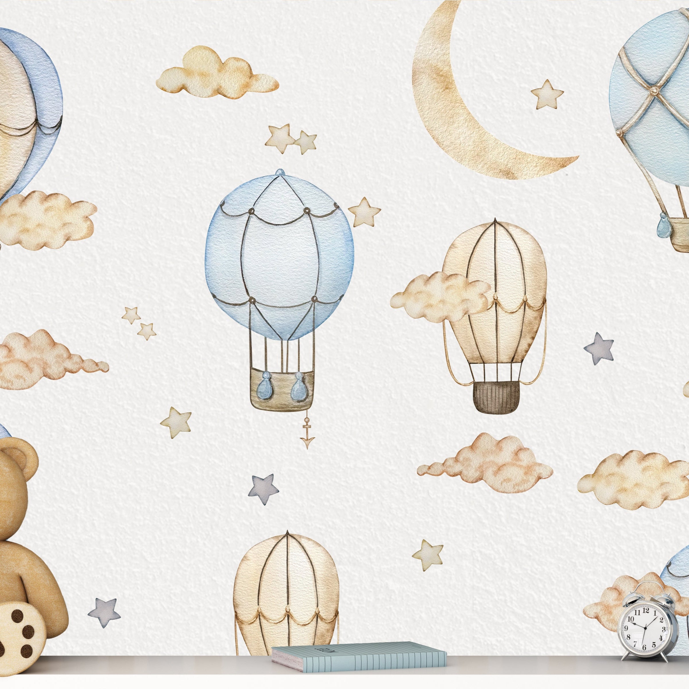 Wallpaper Kids Nursery Dubai Wallpaper with teddy bear, hot air balloons, and decorative elements on a light background