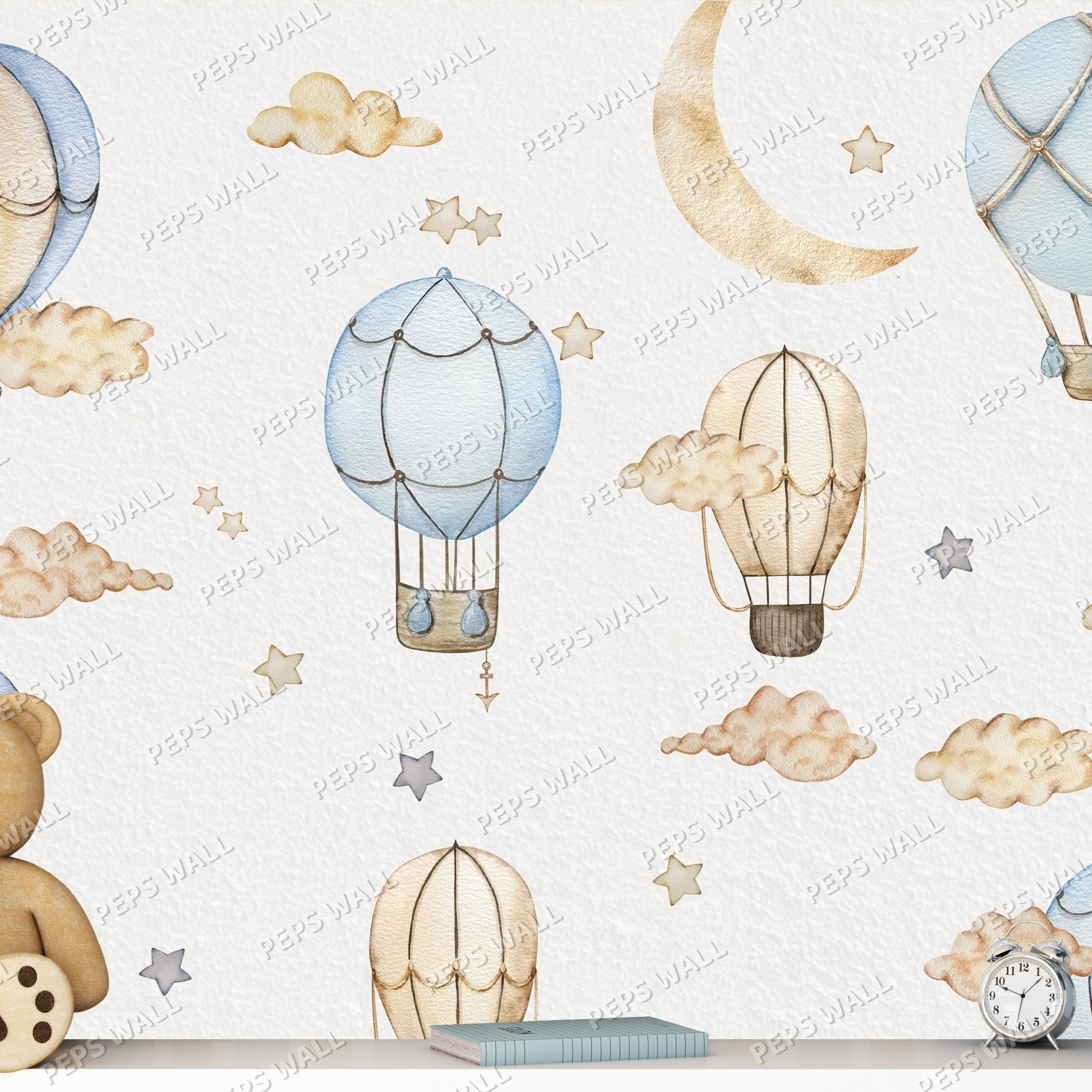 Wallpaper Kids Nursery Dubai Wallpaper with teddy bear, hot air balloons, and decorative elements on a light background