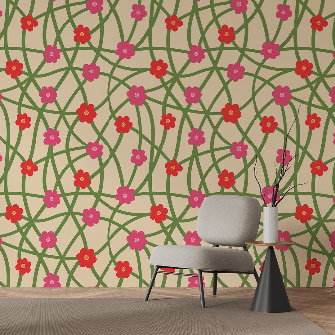 Wallpaper Kids Nursery Dubai A room with beige wallpaper featuring a floral pattern in red and green colors, with a white chair and a decorative object on it.
