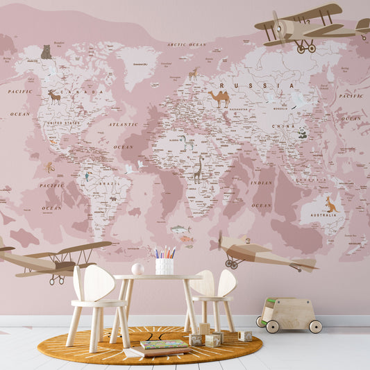 Wallpaper Kids Nursery Dubai World map wallpaper in a child's room with toys and a table.