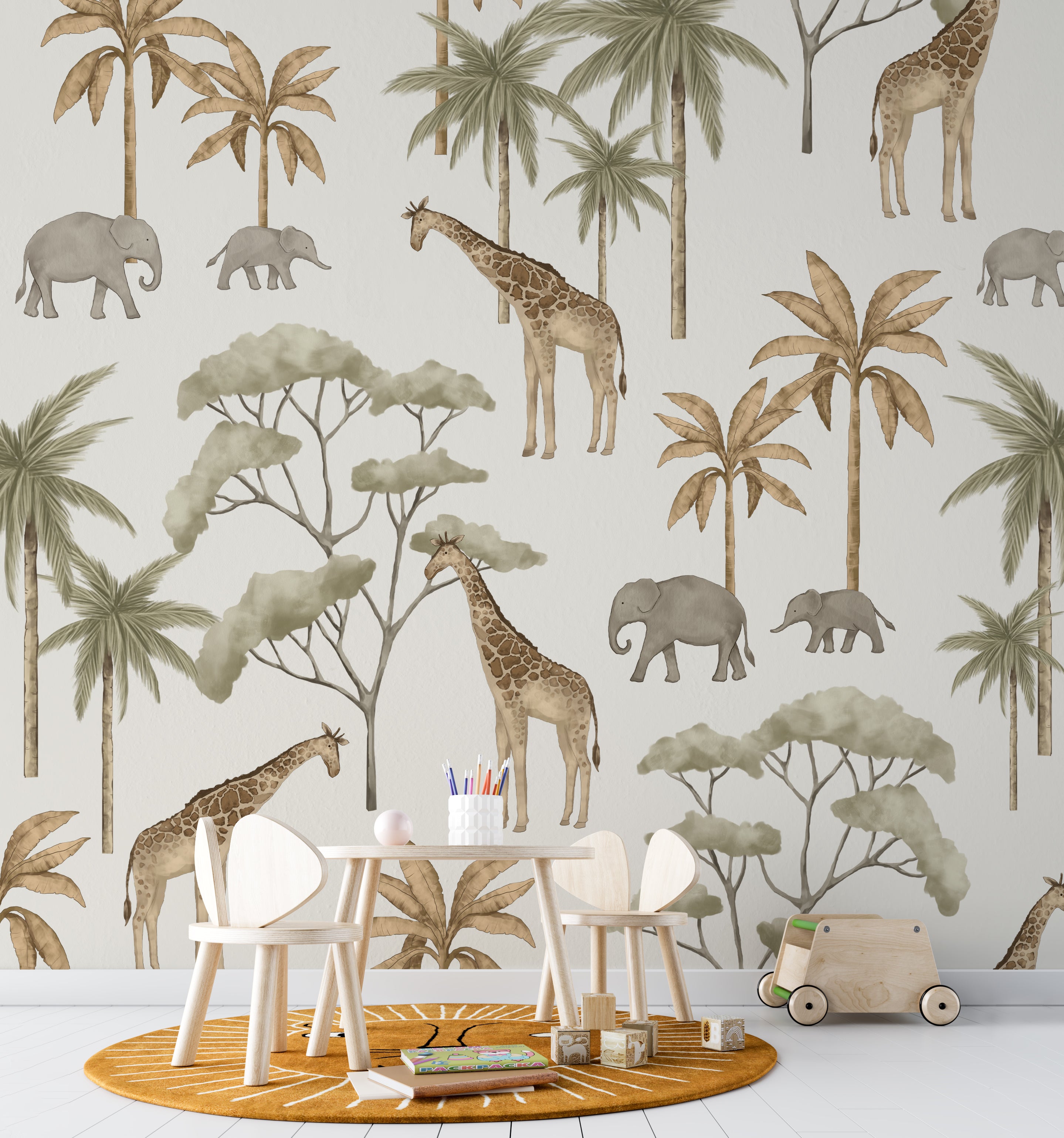 Wallpaper Kids Nursery Dubai Children's room with jungle-themed wallpaper, furniture, and toys.