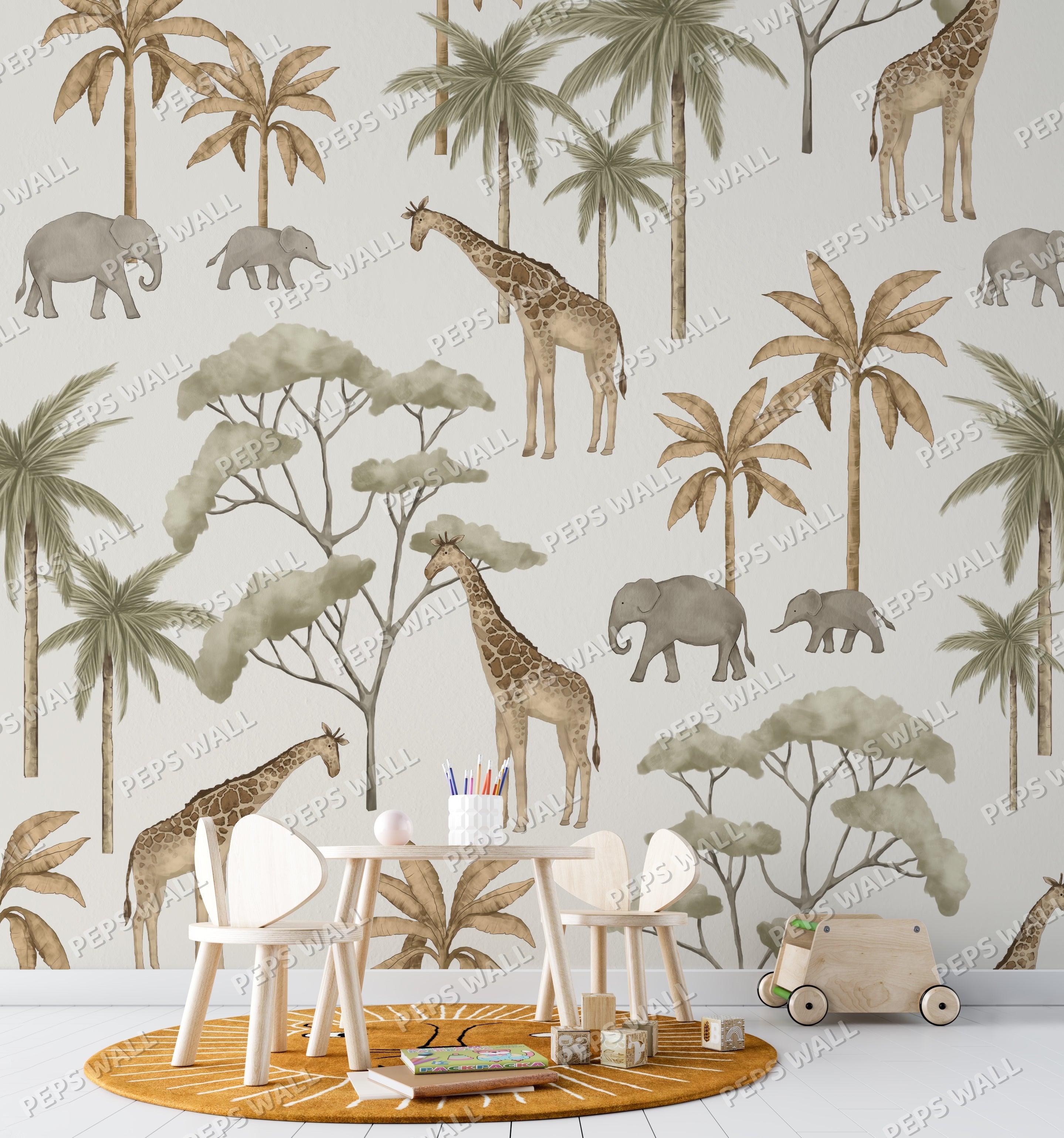 Wallpaper Kids Nursery Dubai Children's room with jungle-themed wallpaper, furniture, and toys.