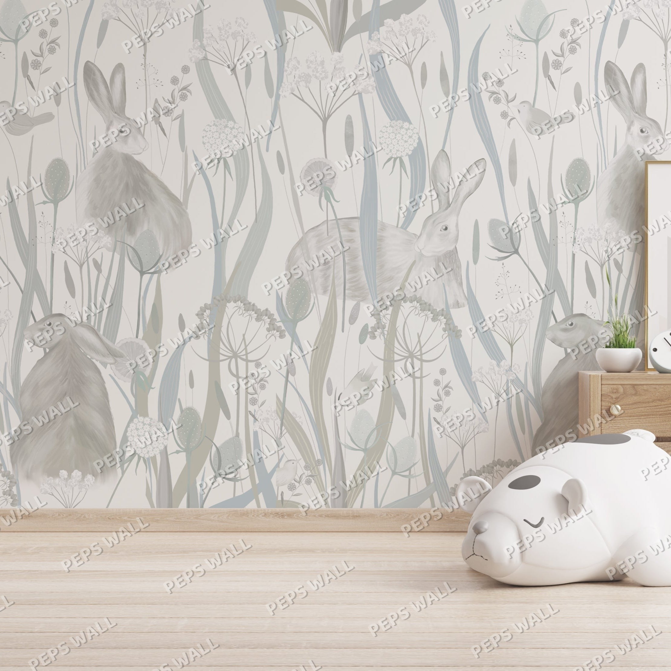 Wallpaper Kids Nursery Dubai Children's room with floral wallpaper, toys, and a wooden dresser.