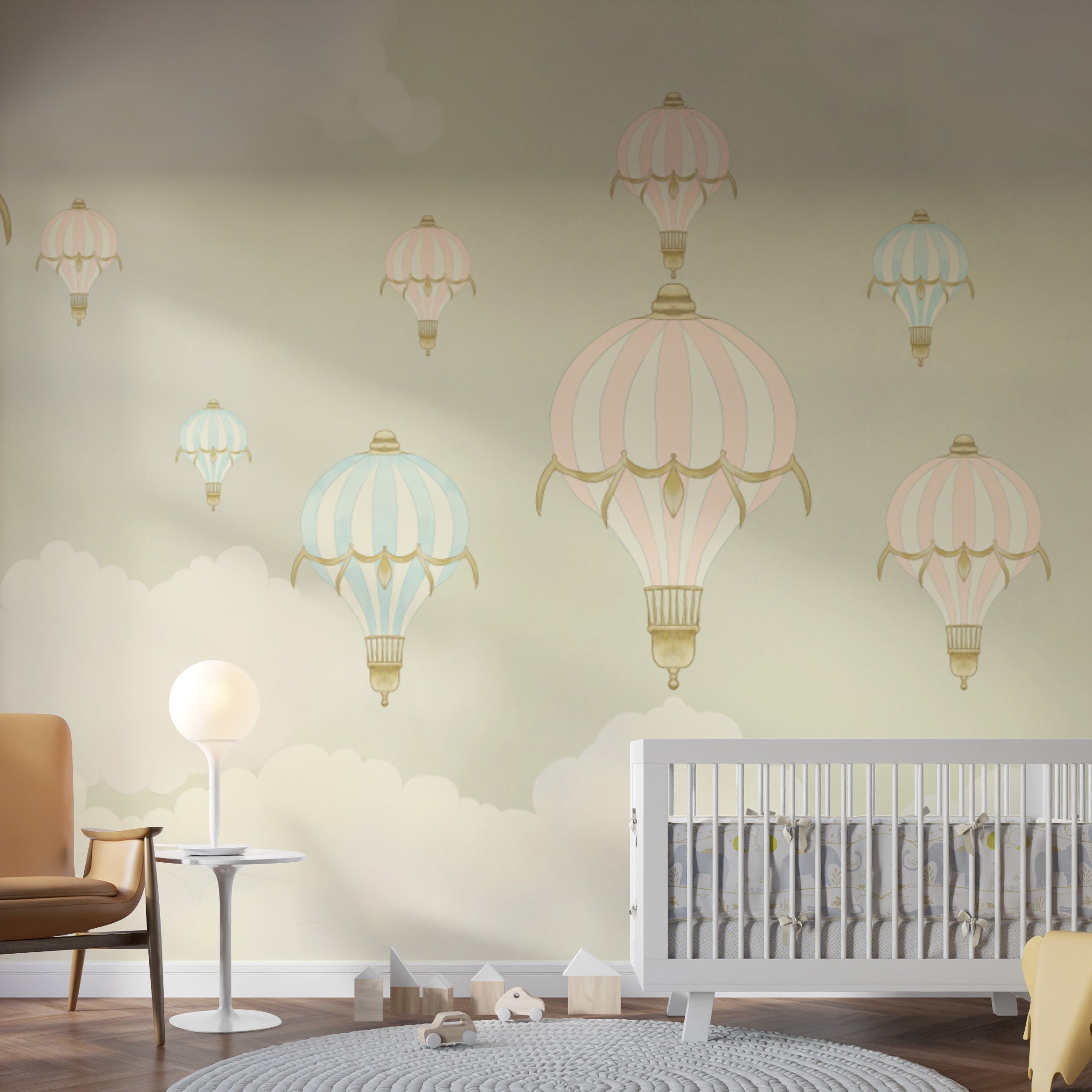 Wallpaper Kids Nursery Dubai Children's room with hot air balloon wall decals and a crib.