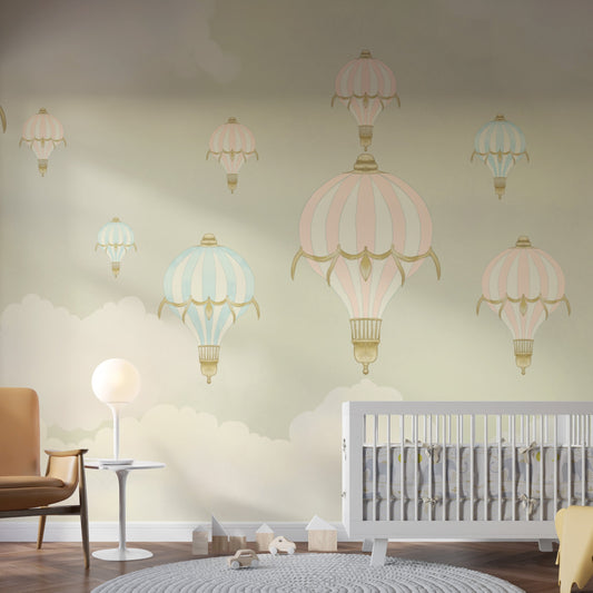 Wallpaper Kids Nursery Dubai Children's room with hot air balloon wall decals and a crib.