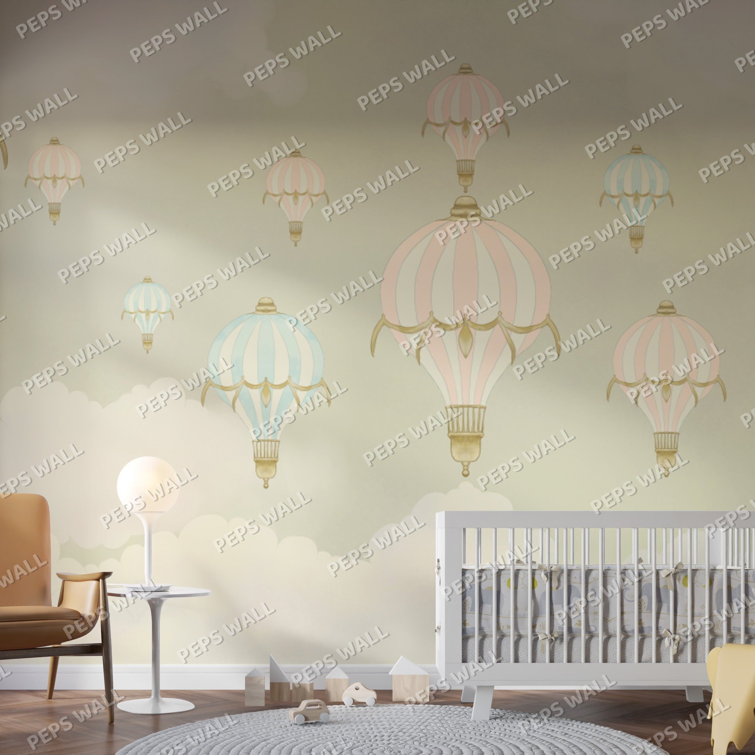 Wallpaper Kids Nursery Dubai Children's room with hot air balloon wall decals and a crib.