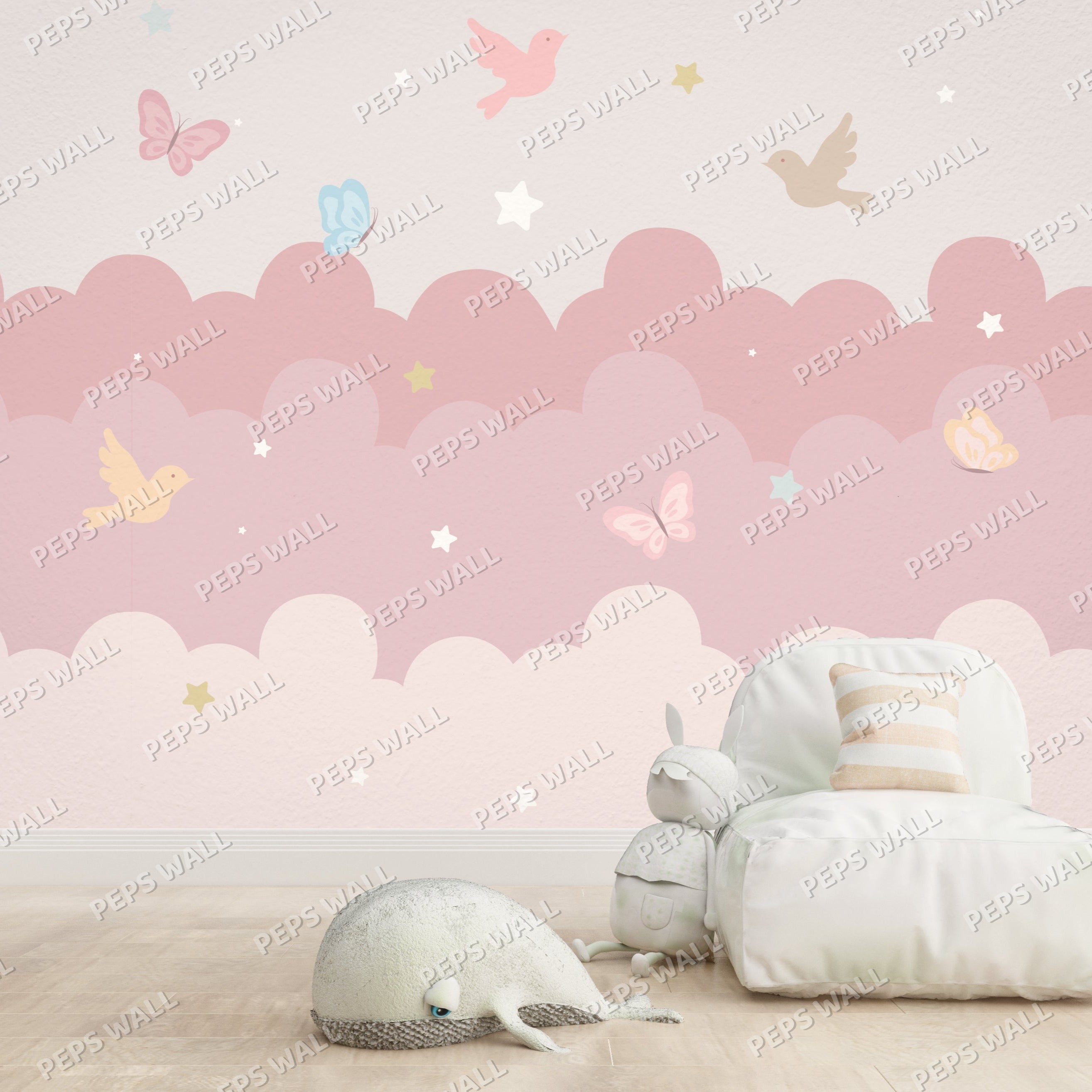 Wallpaper Kids Nursery Dubai Children's room with pink cloud-themed wallpaper, white furniture, and decorative pillows.