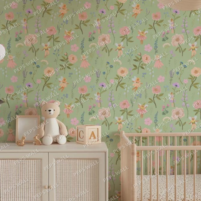 Wallpaper Kids Nursery Dubai A nursery room with light green walls covered in a floral pattern, a wooden crib, a cabinet with a teddy bear and some decorative items on top, and a small window.