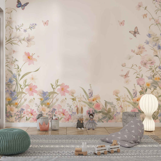 Wallpaper Kids Nursery Dubai Children's room with floral wallpaper, toys, and a pouf.