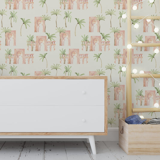 Wallpaper Kids Nursery Dubai Peps Wall Interior room setting featuring a white drawer unit with a beige trim, placed against a wall with a tropical-themed, abstract and graffiti art wallpaper.