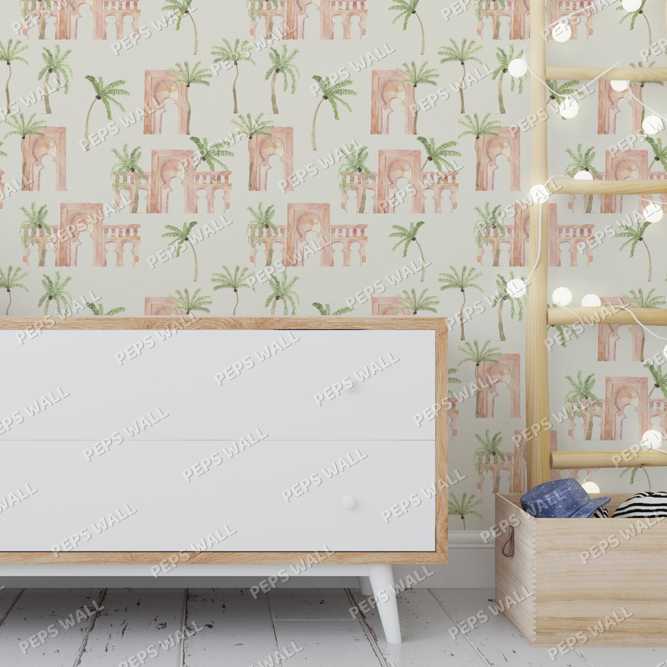 Wallpaper Kids Nursery Dubai Peps Wall Interior room setting featuring a white drawer unit with a beige trim, placed against a wall with a tropical-themed, abstract and graffiti art wallpaper.