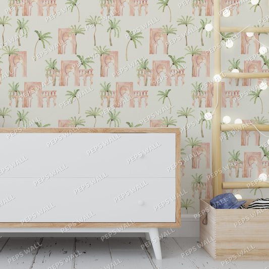 Wallpaper Kids Nursery Dubai Peps Wall Interior room setting featuring a white drawer unit with a beige trim, placed against a wall with a tropical-themed, abstract and graffiti art wallpaper.