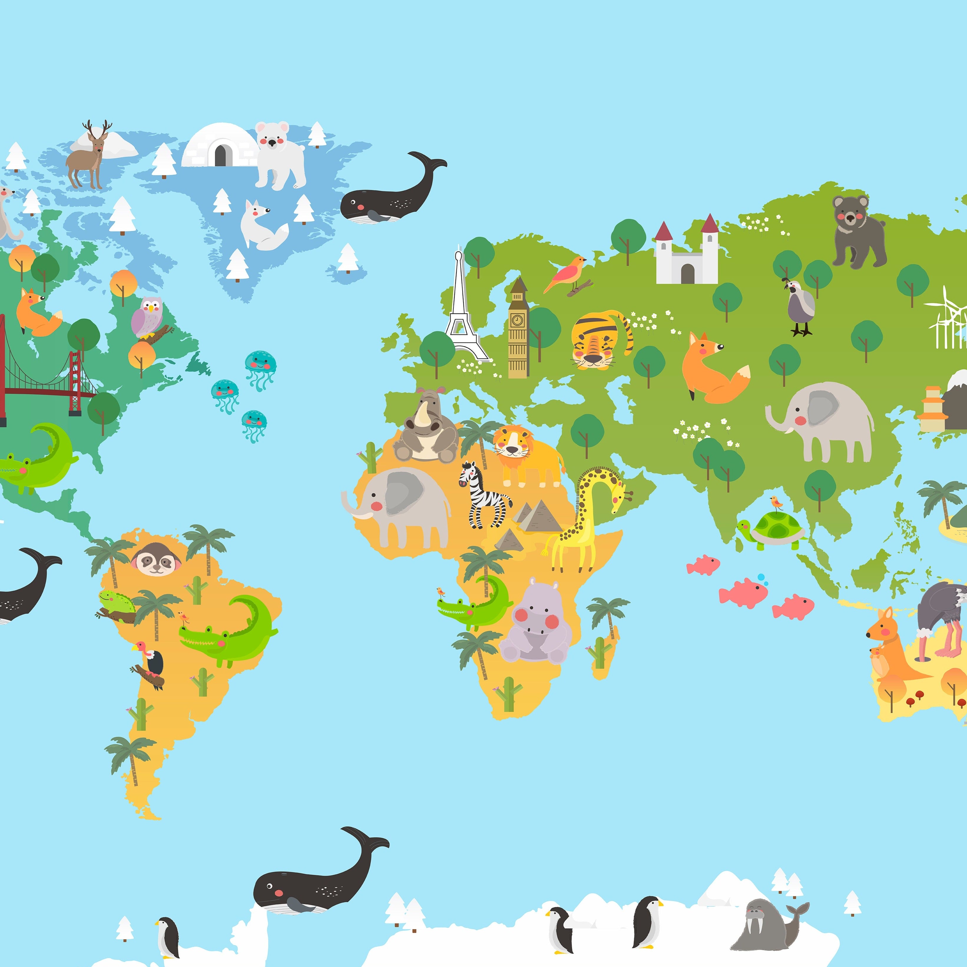 Wallpaper Kids Nursery Dubai Peps Wall A colorful map of the world with cartoon animal illustrations on it, with a blue background.