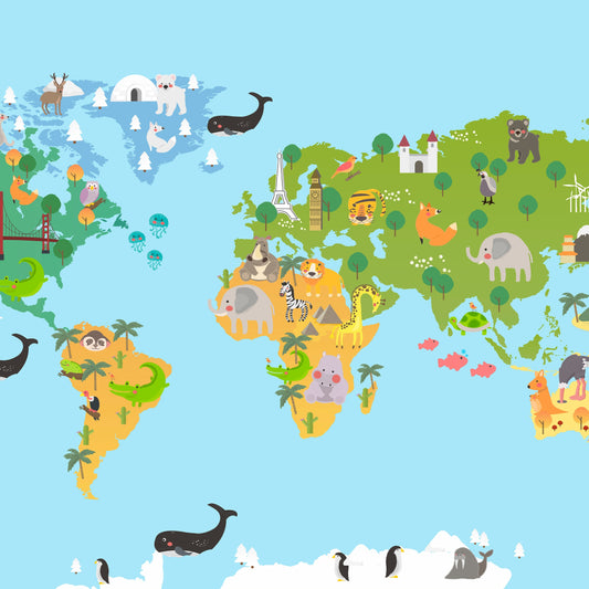 Wallpaper Kids Nursery Dubai Peps Wall A colorful map of the world with cartoon animal illustrations on it, with a blue background.