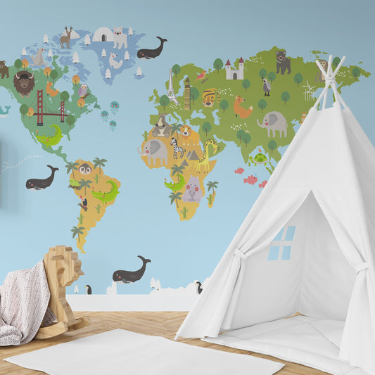 Wallpaper Kids Nursery Dubai Peps Wall A room with a white tent-like structure, featuring a blue wall with a map-like pattern that includes animals and various geographic features.