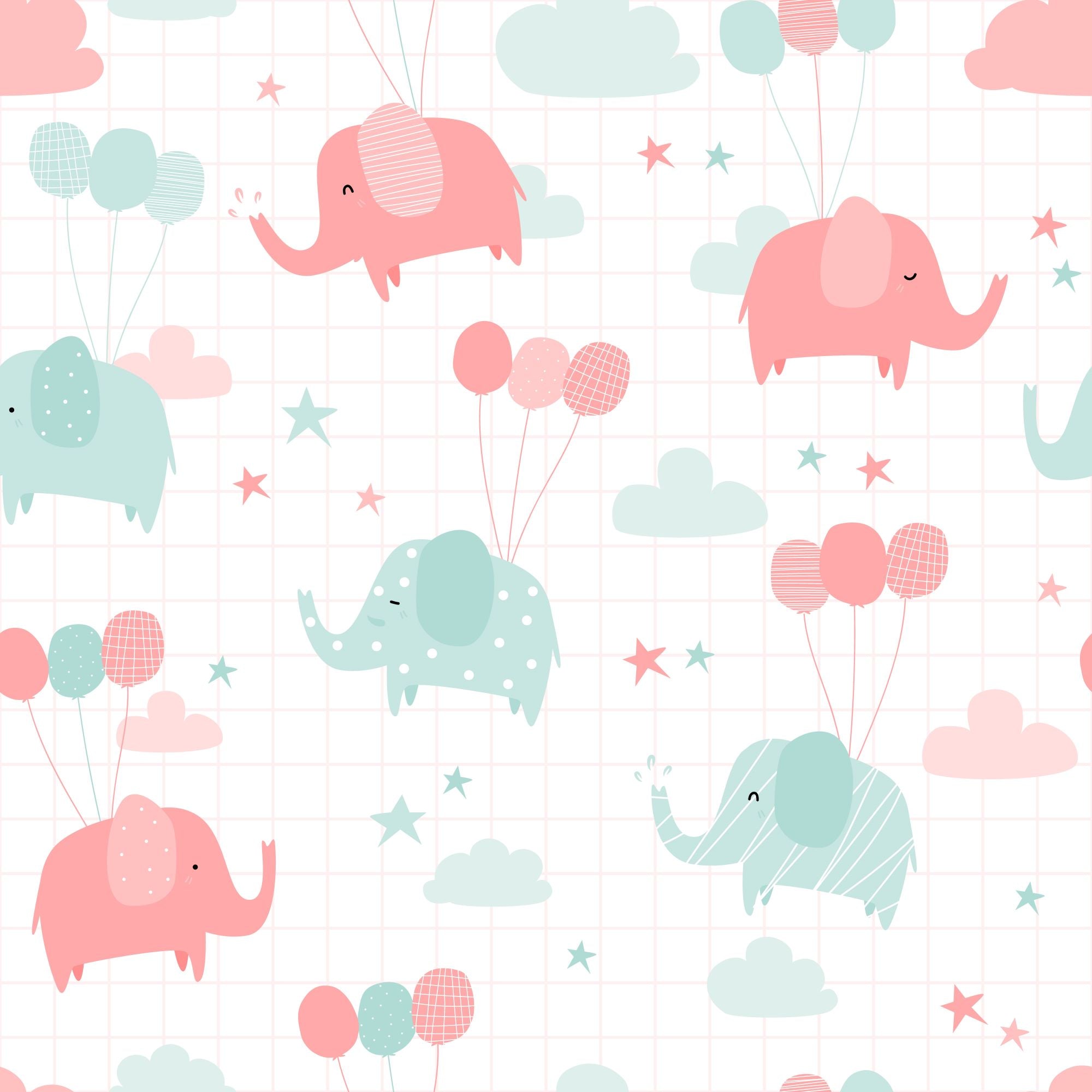 Wallpaper Kids Nursery Dubai Peps Wall A patterned wallpaper featuring cute pink and blue elephants with balloons and clouds.