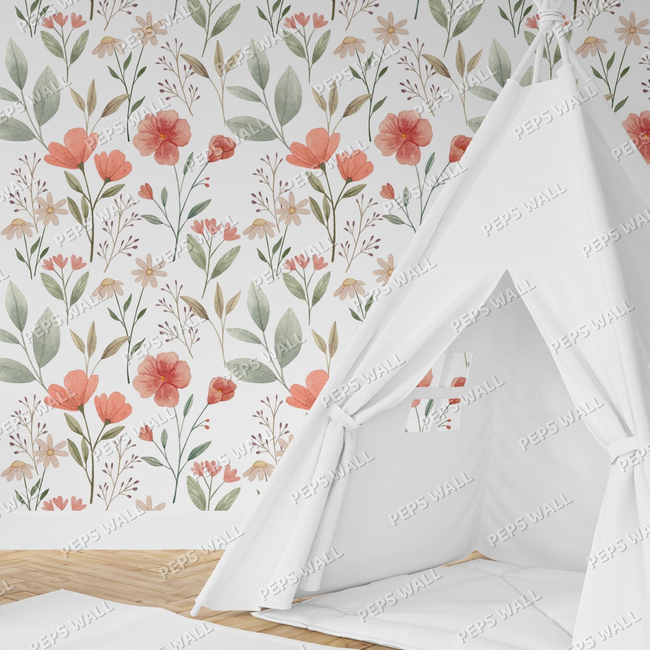Wallpaper Kids Nursery Dubai Peps Wall A wall decal featuring a floral pattern with autumnal colors applied on a wall, creating a cozy, tent-like space.