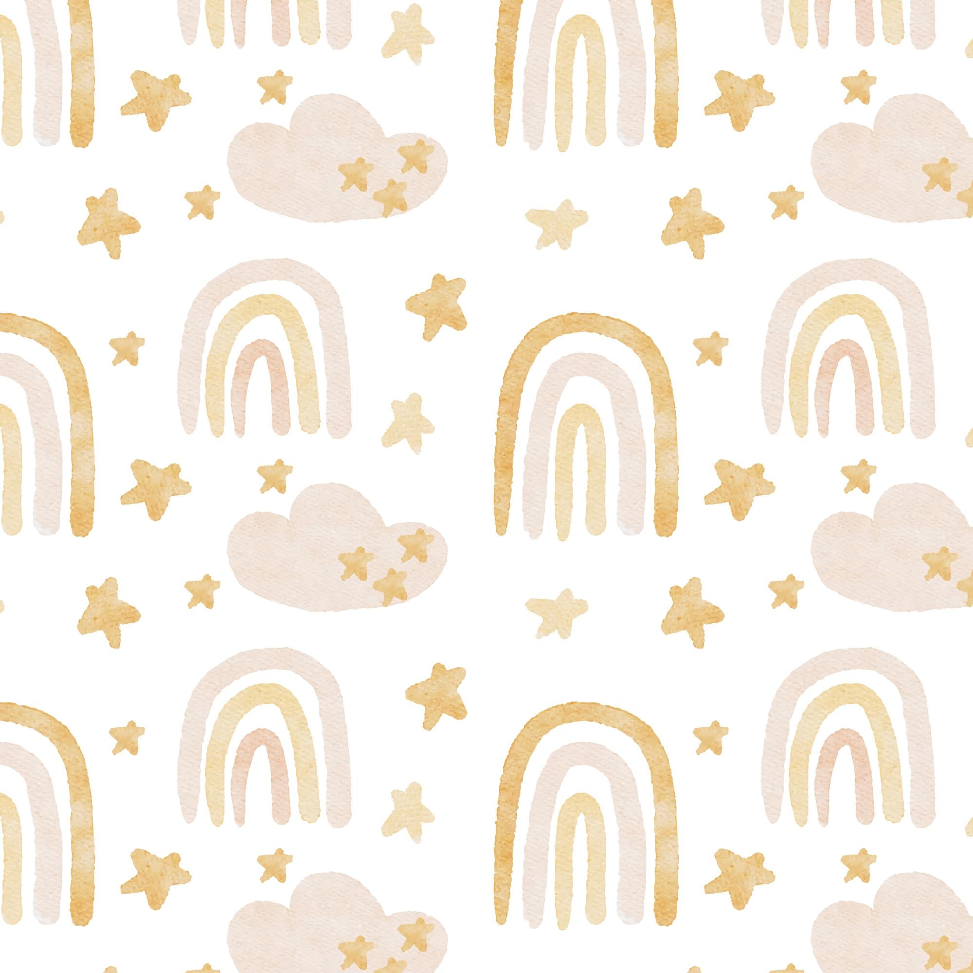 Wallpaper Kids Nursery Dubai Peps Wall A patterned wall covering featuring simplistic golden rainbow illustrations mixed with cloud and star shapes on a white background.