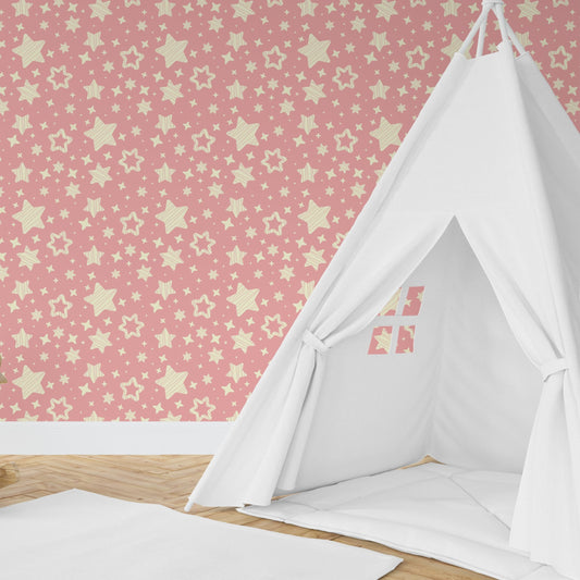 Wallpaper Kids Nursery Dubai Peps Wall A white teepee with a pink star pattern wallpaper.