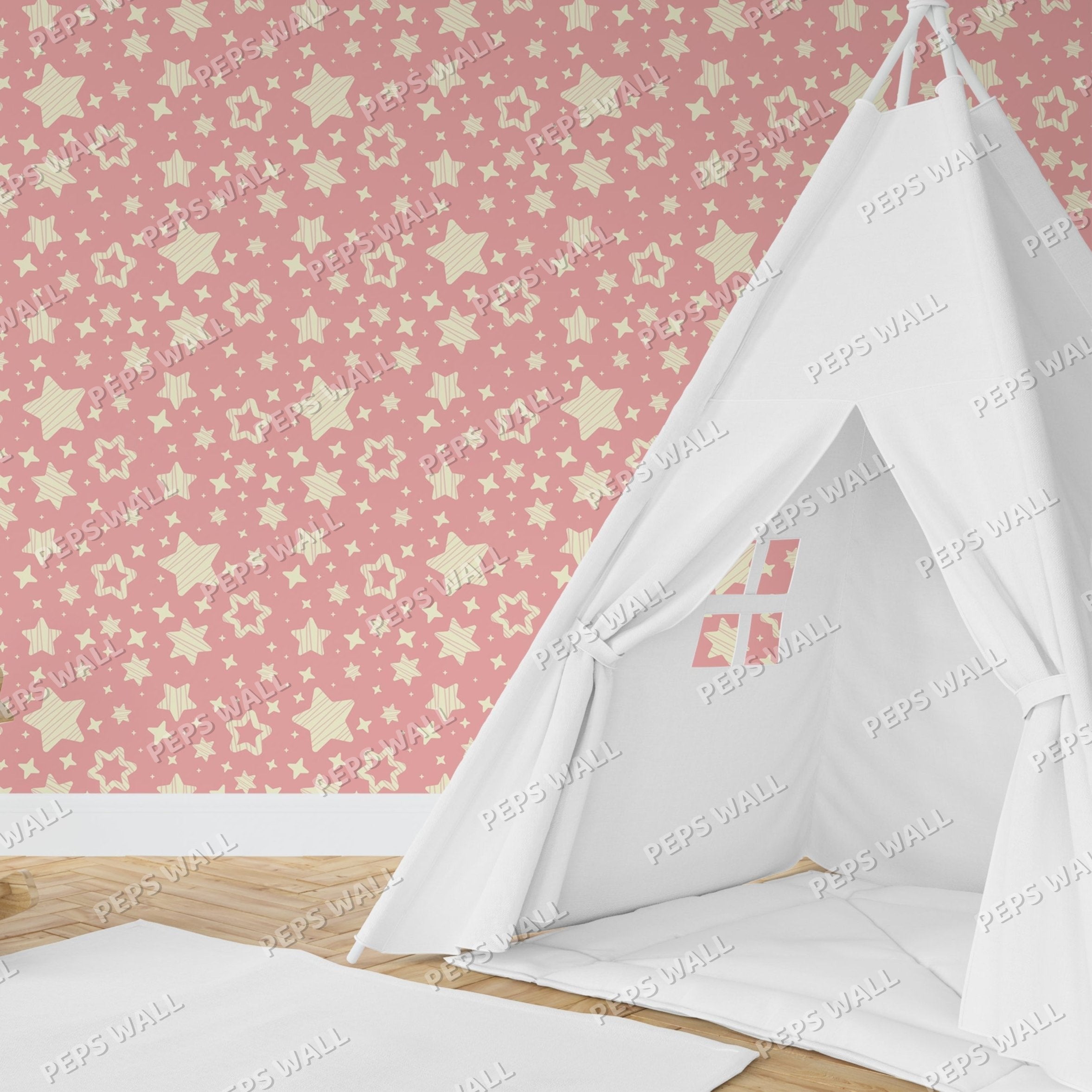 Wallpaper Kids Nursery Dubai Peps Wall A white teepee with a pink star pattern wallpaper.