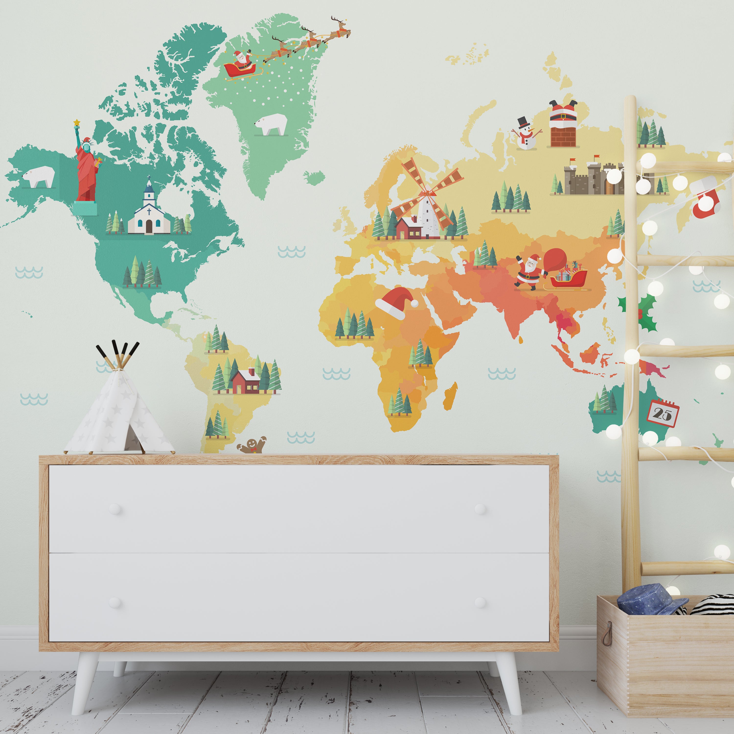 Wallpaper Kids Nursery Dubai Peps Wall A world map wall decal with colorful regions, each depicting a different winter-themed scene, such as skiing and snowmen. The decal is applied on a wall in a room with a white furniture piece and Christmas decorations.