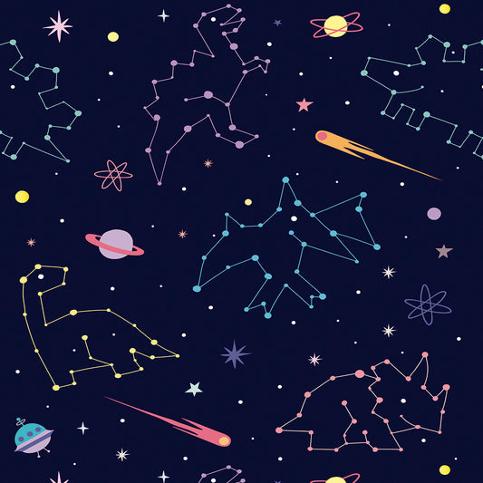 Wallpaper Kids Nursery Dubai Peps Wall A colorful wallpaper featuring various dinosaur constellations in a starry night sky with planets and stars.