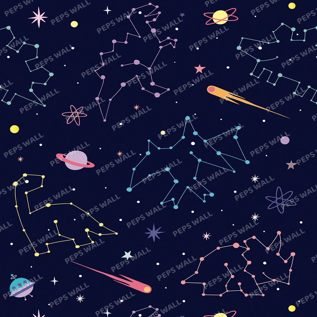 Wallpaper Kids Nursery Dubai Peps Wall A colorful wallpaper featuring various dinosaur constellations in a starry night sky with planets and stars.