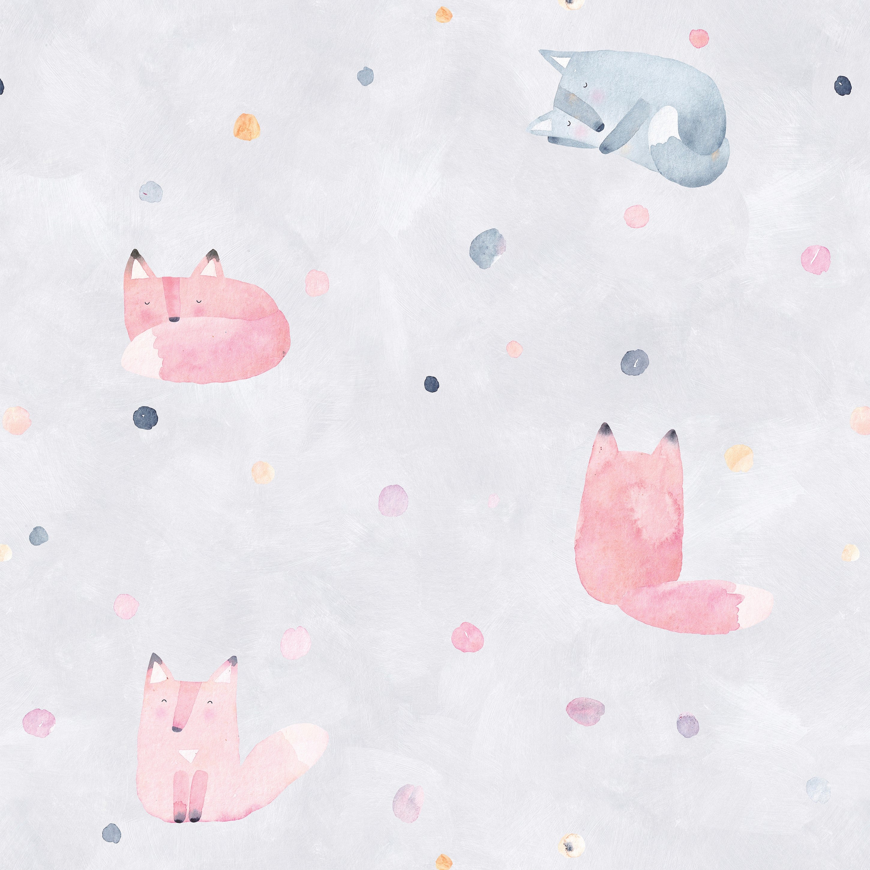 Wallpaper Kids Nursery Dubai Peps Wall A wallpaper featuring a pattern of small, stylized foxes in a mix of pink, blue, and beige colors on a light background.