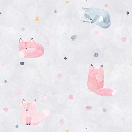 Wallpaper Kids Nursery Dubai Peps Wall A wallpaper featuring a pattern of small, stylized foxes in a mix of pink, blue, and beige colors on a light background.