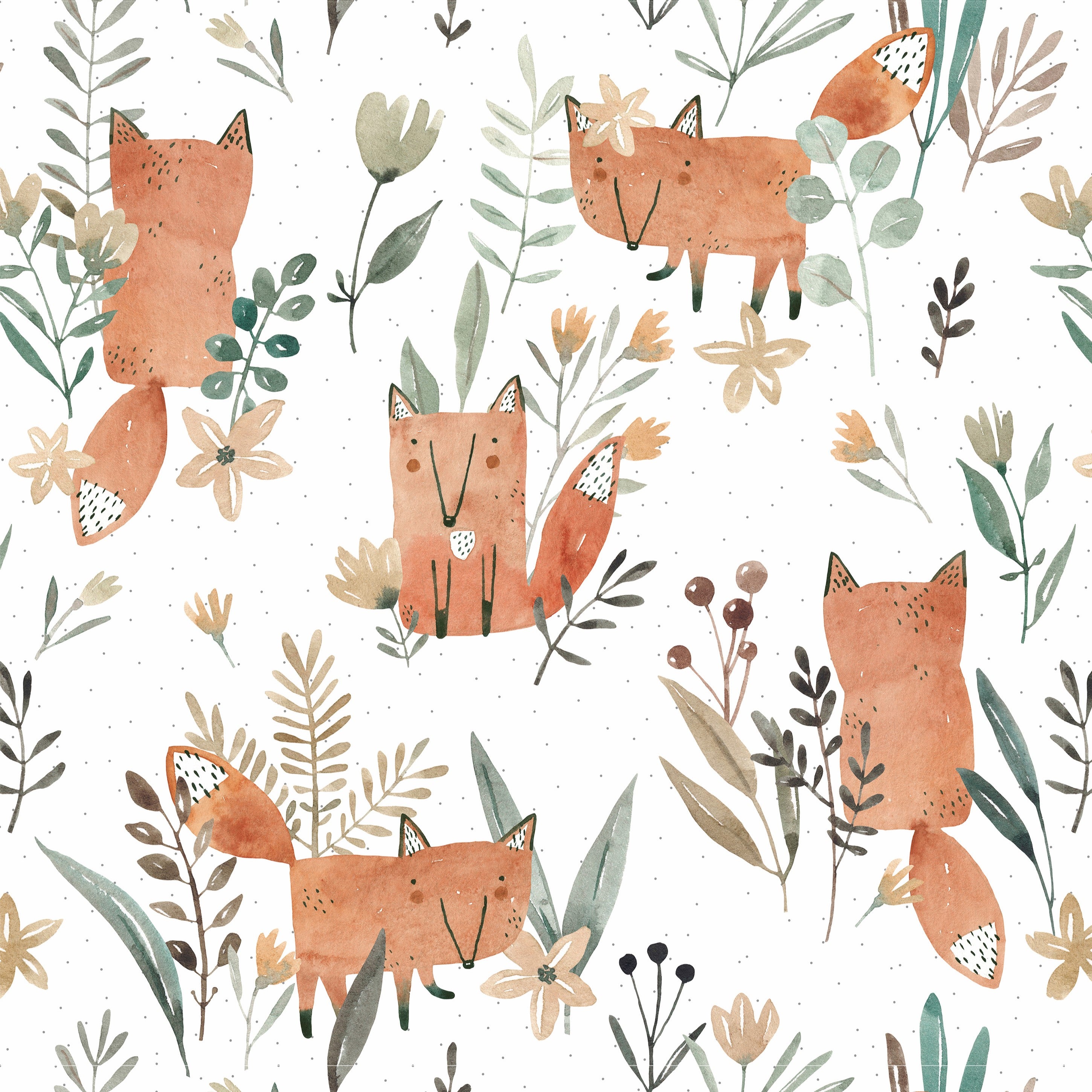 Wallpaper Kids Nursery Dubai Peps Wall A patterned artwork featuring whimsical illustrations of foxes with floral elements in brown, beige, and green colors on a white background.