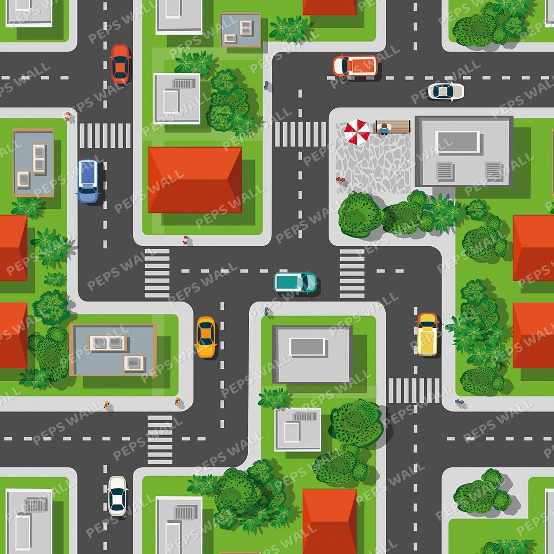 Wallpaper Kids Nursery Dubai Peps Wall A colorful cartoon illustration of a city road map with various buildings, vehicles, and a fire hydrant.