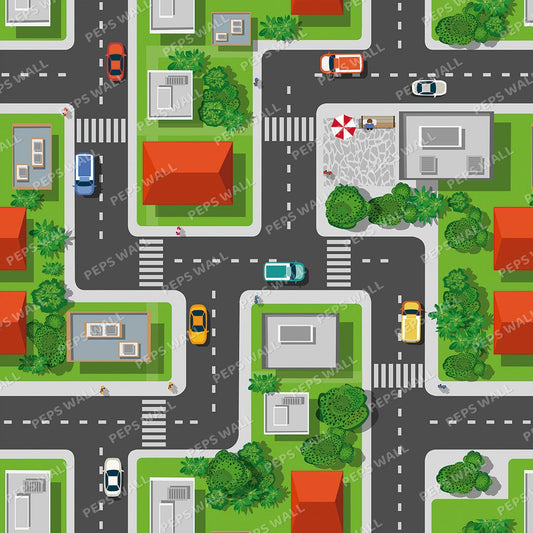 Wallpaper Kids Nursery Dubai Peps Wall A colorful cartoon illustration of a city road map with various buildings, vehicles, and a fire hydrant.
