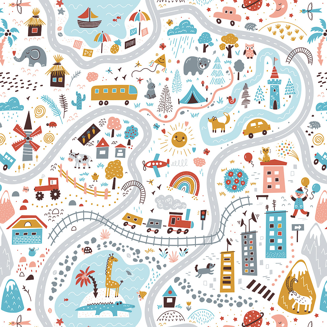 Wallpaper Kids Nursery Dubai Peps Wall A colorful map-like artwork featuring various cartoon vehicles and animals on a playful city road layout.