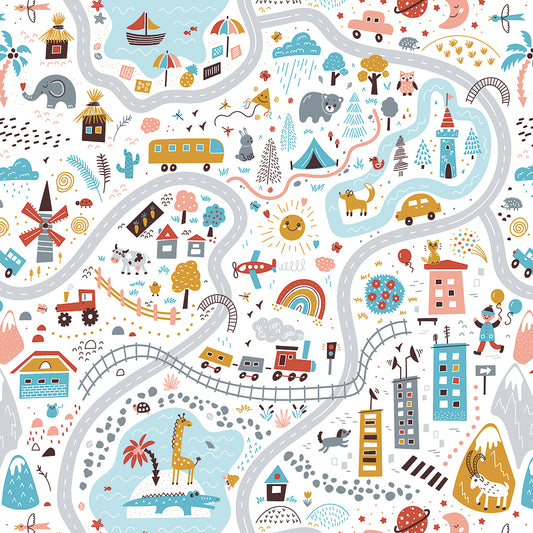 Wallpaper Kids Nursery Dubai Peps Wall A colorful map-like artwork featuring various cartoon vehicles and animals on a playful city road layout.
