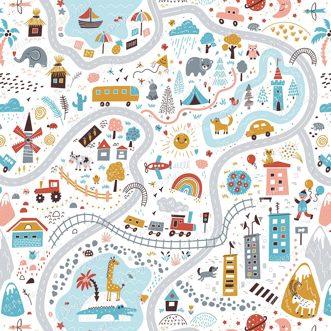 Wallpaper Kids Nursery Dubai Peps Wall A colorful map-like artwork featuring various cartoon vehicles and animals on a playful city road layout.