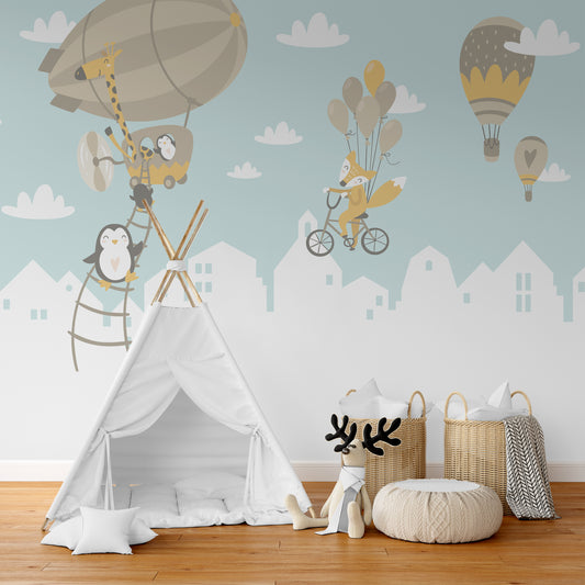 Wallpaper Kids Nursery Dubai Peps Wall Children's room with wall mural featuring hot air balloons and animals, a white teepee, and storage baskets.