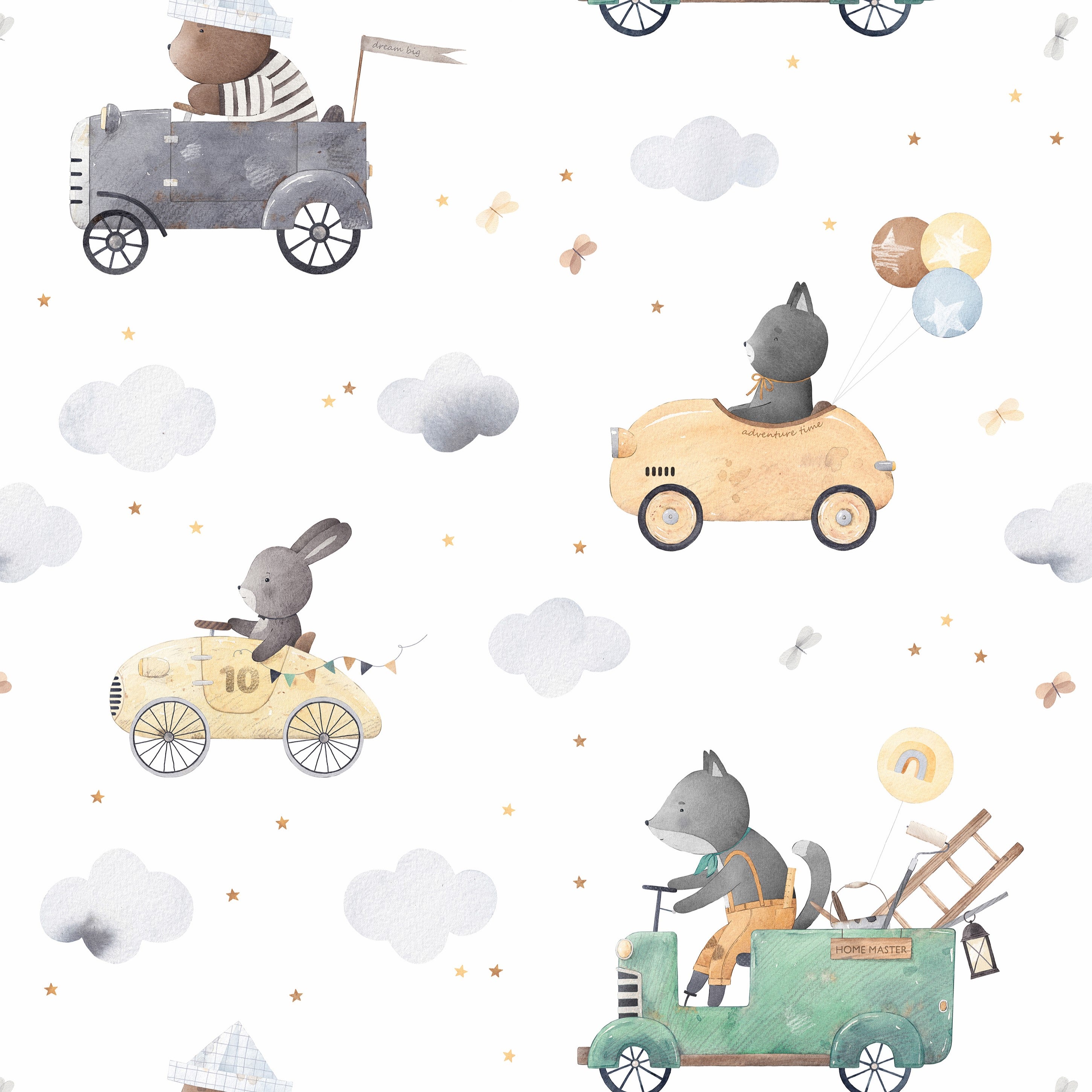 Wallpaper Kids Nursery Dubai Peps Wall A patterned product featuring illustrated animals driving cars, with a whimsical and playful design.