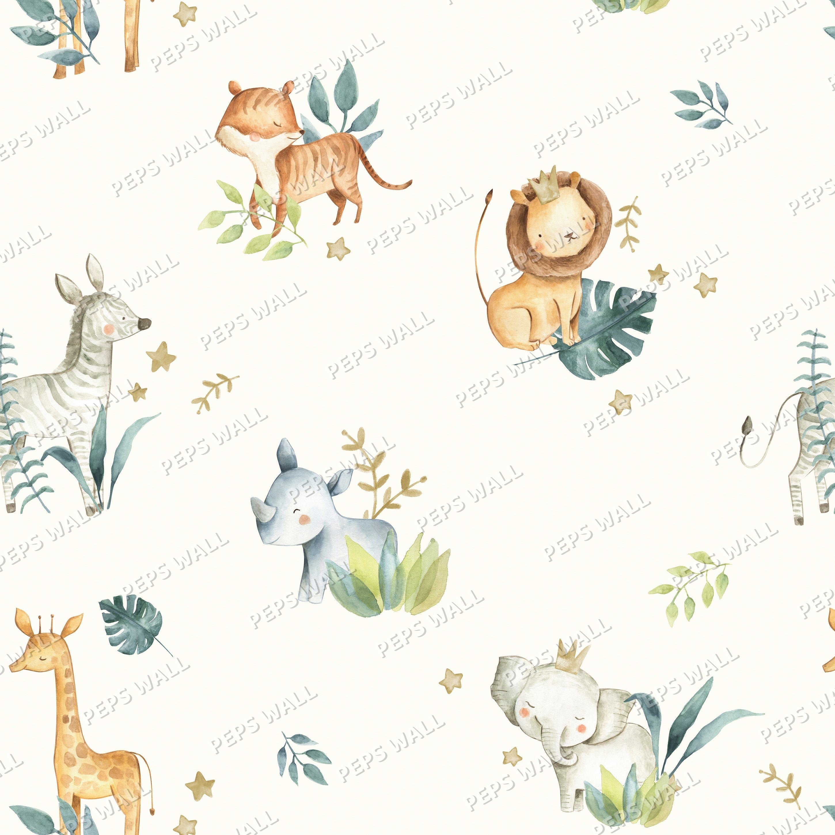 Wallpaper Kids Nursery Dubai Peps Wall A patterned wallpaper featuring illustrations of various animals such as a lion, giraffe, zebra, and elephant, along with leaves and stars on a white background.