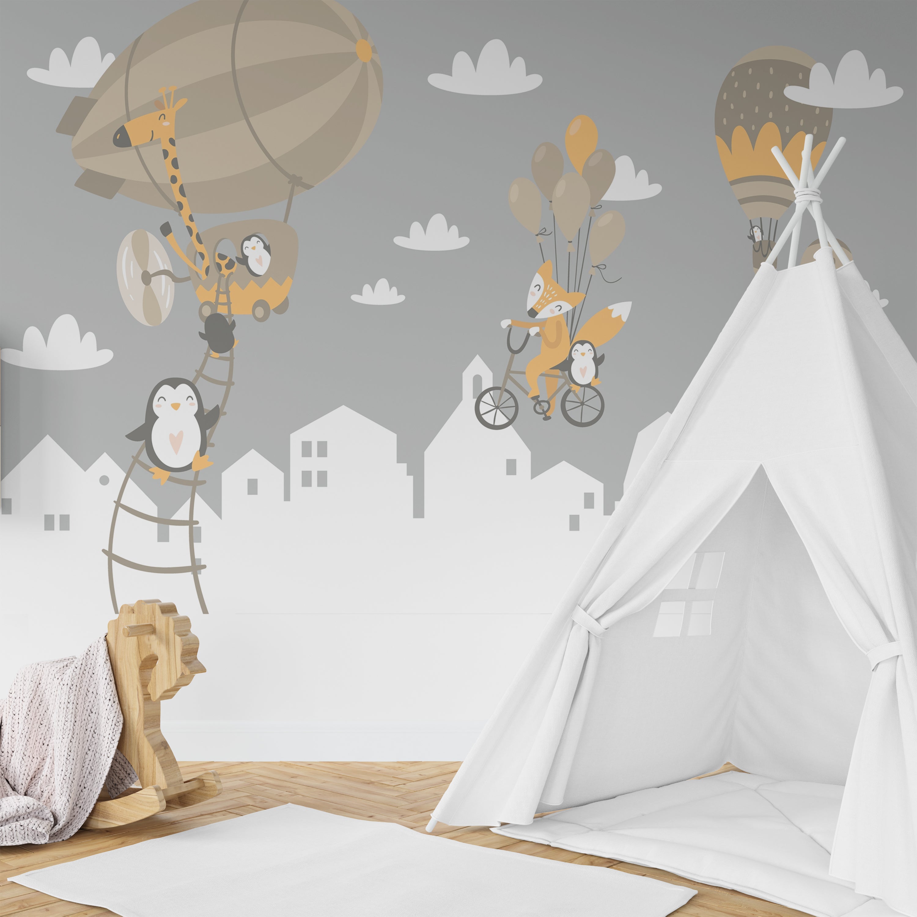 Wallpaper Kids Nursery Dubai Peps Wall A wall decorated with colorful illustrations of flying animals and cityscapes, featuring an imaginary city with houses and a tent.