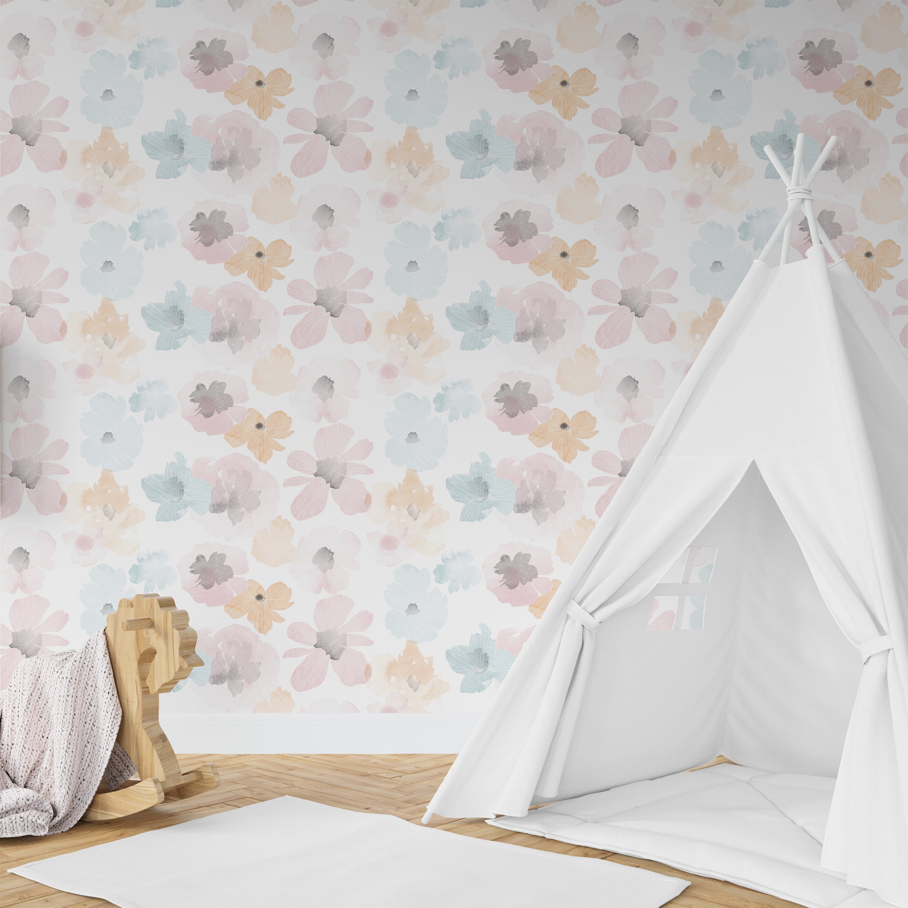 Wallpaper Kids Nursery Dubai Peps Wall A children's room with floral wallpaper in pastel colors, featuring a white teepee, a wooden chair, and a toy.