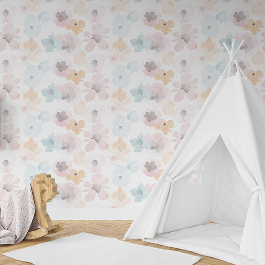 Wallpaper Kids Nursery Dubai Peps Wall A children's room with floral wallpaper in pastel colors, featuring a white teepee, a wooden chair, and a toy.