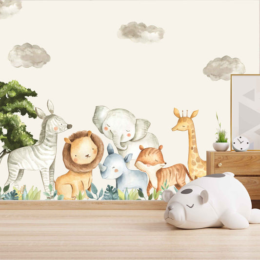 Wallpaper Kids Nursery Dubai Peps Wall A wall decal featuring cartoon versions of jungle animals such as a lion, elephant, giraffe, zebra, and crocodile, with a sky filled with clouds in the background.