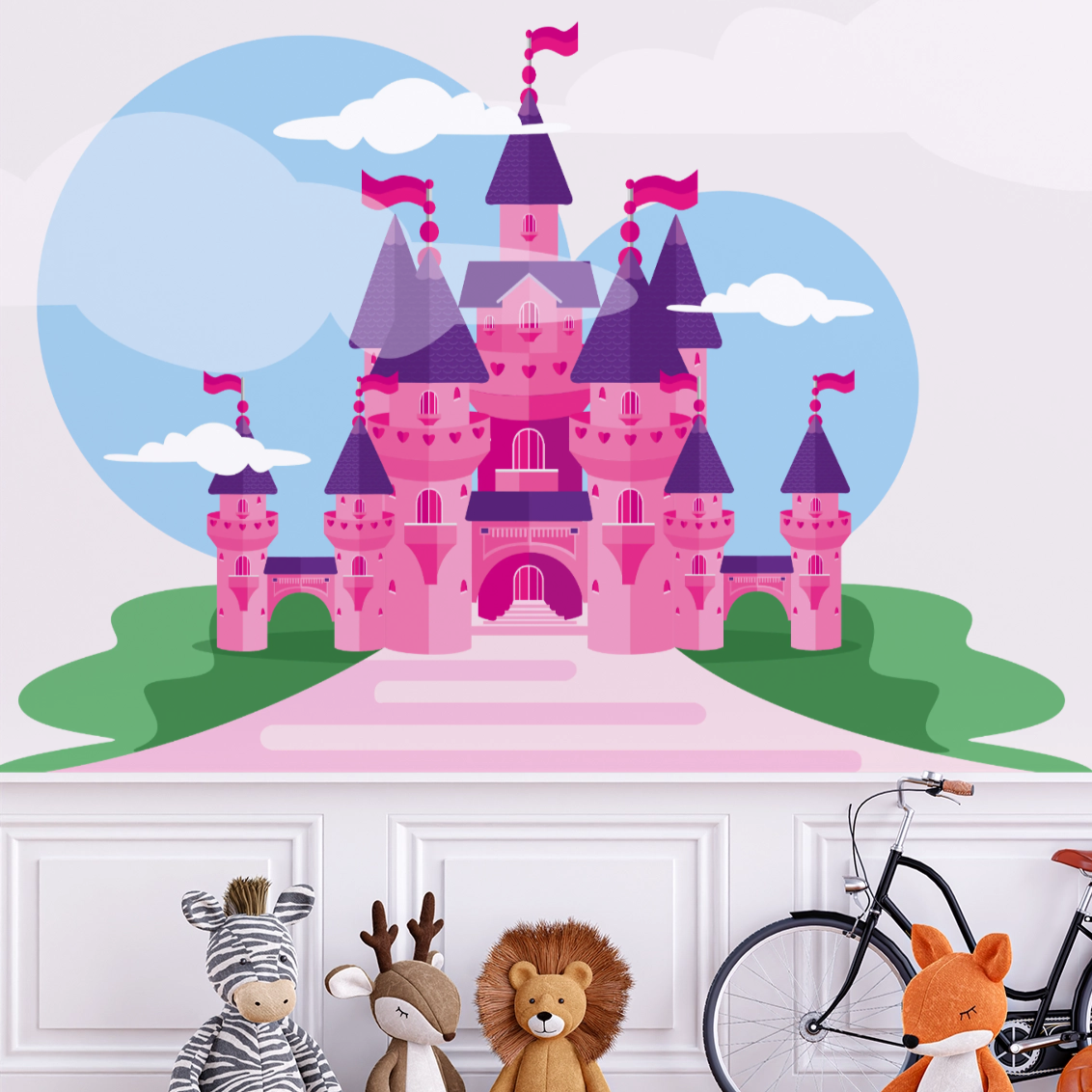 Wallpaper Kids Nursery Dubai Peps Wall A wall decal of a pink castle with purple roofs, part of a children's room decor.